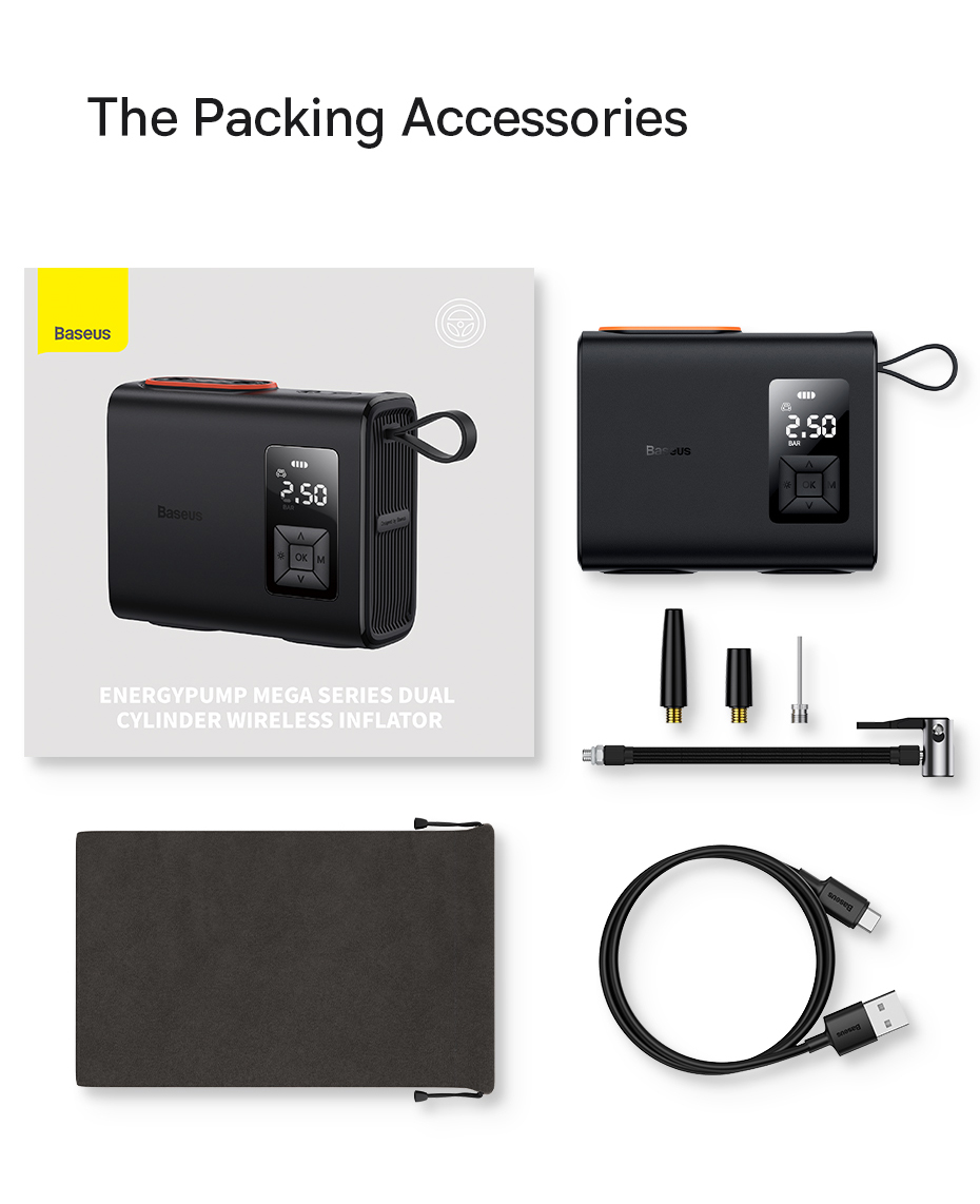 Avtomobilnyi kompressor Baseus Mega Energy Pump Dual Cylinder Wireless Inflator CRNL060001 Фото №21