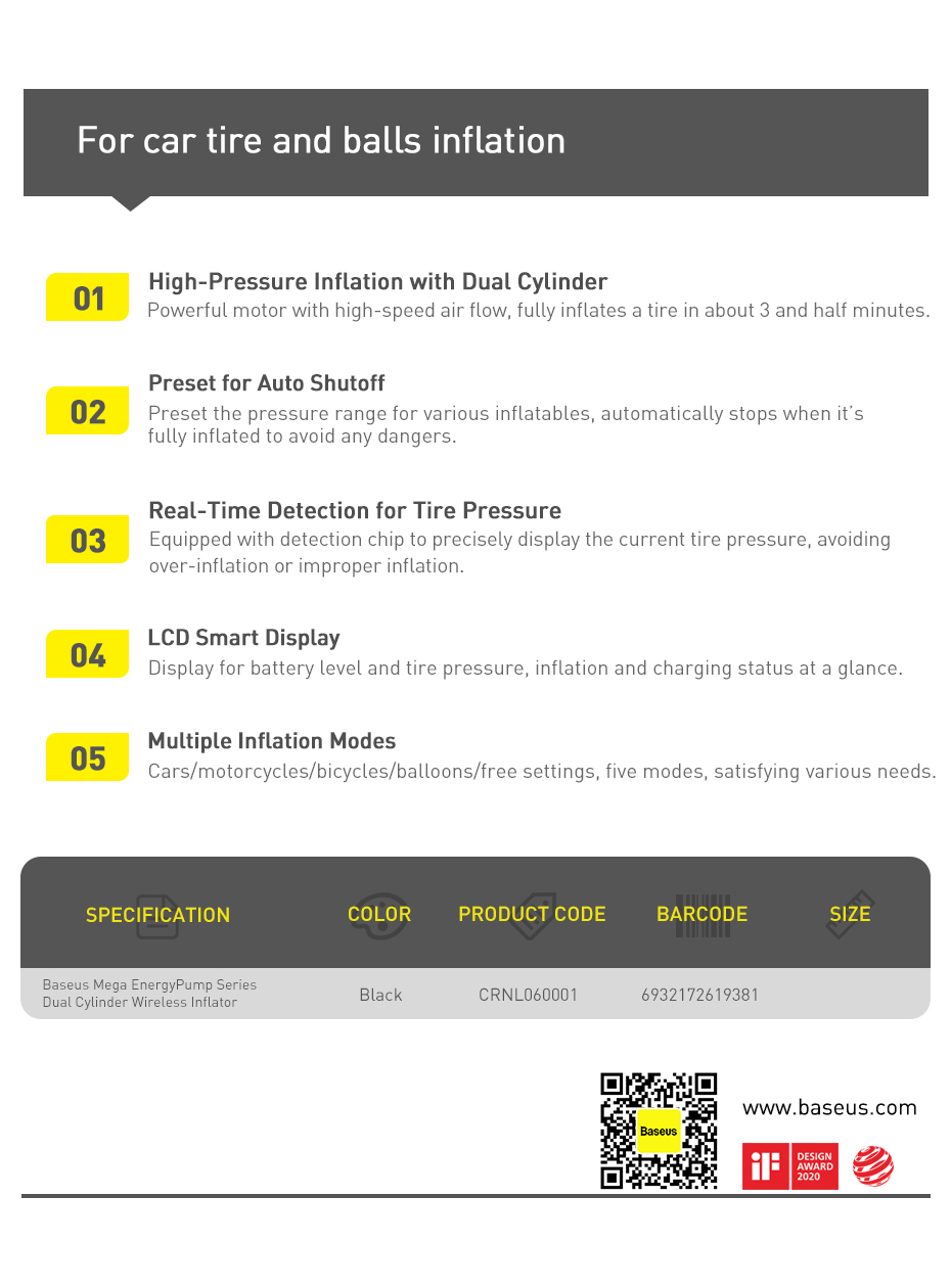 Avtomobilnyi kompressor Baseus Mega Energy Pump Dual Cylinder Wireless Inflator CRNL060001 Фото №22