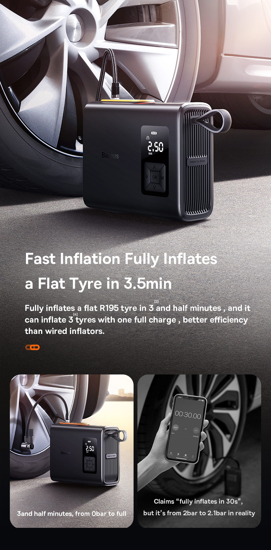 Avtomobilnyi kompressor Baseus Mega Energy Pump Dual Cylinder Wireless Inflator CRNL060001 Фото №5