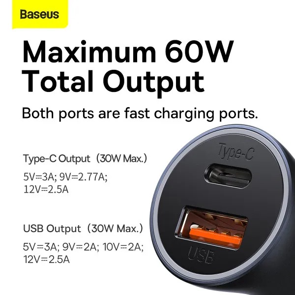 Baseus Golden Contactor Max Dual Fast Charger Car Charger U+C 60W Фото №13