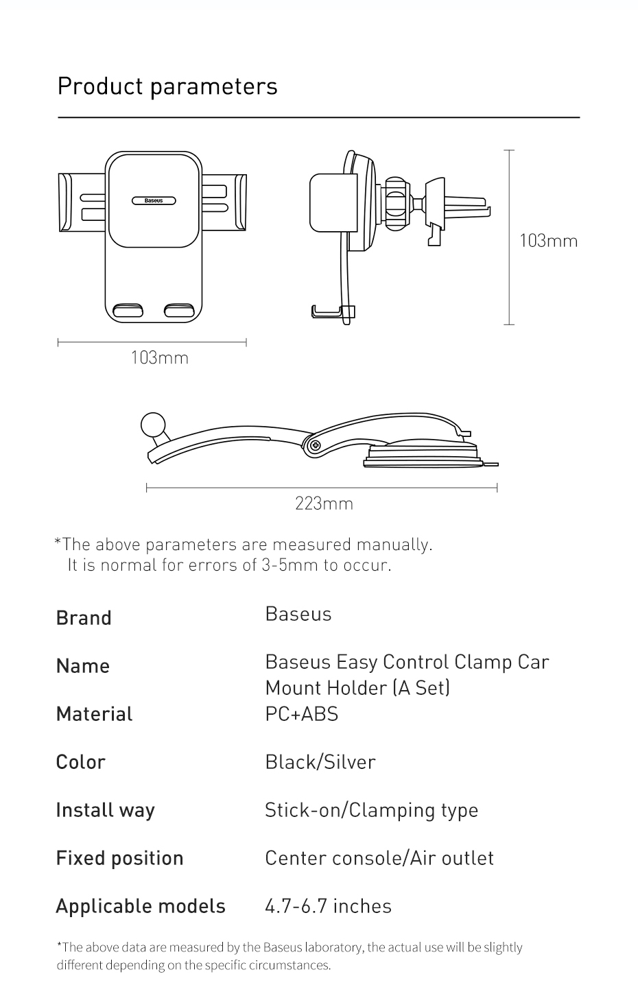 Автодержатель Baseus Easy Control Clamp Car Mount Holder SUYK000001 Black для вентиляционного отверстия и приборной панели Фото №16