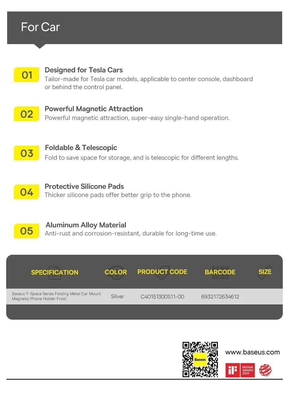 Baseus T-Space Metal for Tesla Car Magnetic Phone MagSafe Holder Frost Silver C40151300S11-00 Изображение #16 Baseus T-Space Metal for Tesla Car Magnetic Phone MagSafe Holder Frost Silver C40151300S11-00 Фото №16