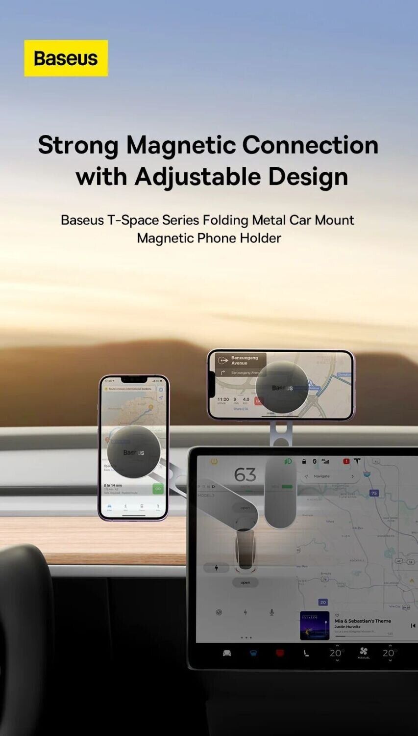 Baseus T-Space Metal for Tesla Car Magnetic Phone MagSafe Holder Frost Silver C40151300S11-00 Фото №1