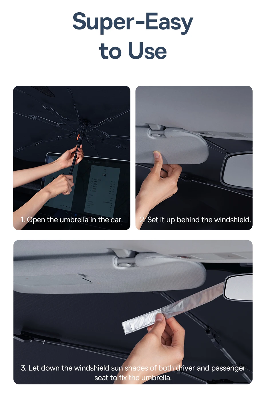 Сонцезахисна парасолька на лобове скло автомобіля Baseus CoolRide Windshield Sun Shade Umbrella Cluster Black BS-CN013 | 142x75 см | C20656101111-00 (6932172657109) Фото №12