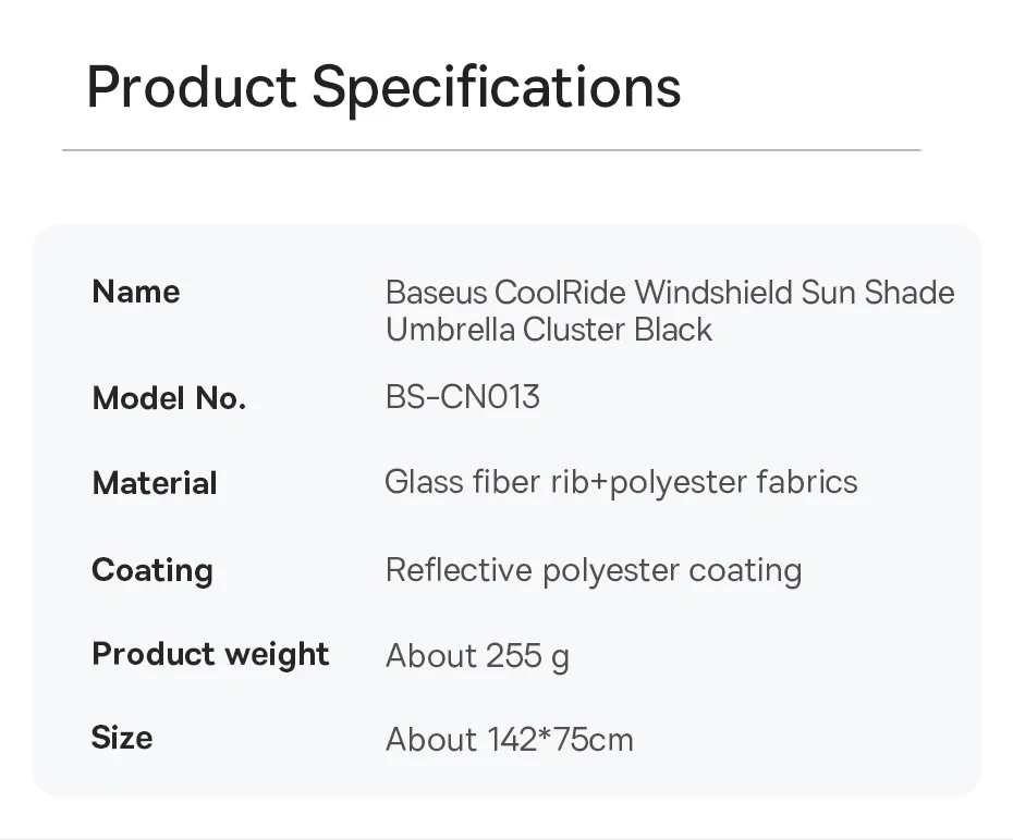 Сонцезахисна парасолька на лобове скло автомобіля Baseus CoolRide Windshield Sun Shade Umbrella Cluster Black BS-CN013 | 142x75 см | C20656101111-00 (6932172657109) Фото №15