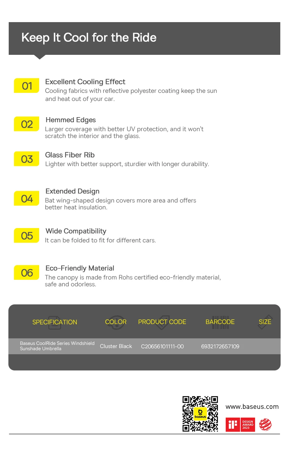 Сонцезахисна парасолька на лобове скло автомобіля Baseus CoolRide Windshield Sun Shade Umbrella Cluster Black BS-CN013 | 142x75 см | C20656101111-00 (6932172657109) Фото №17