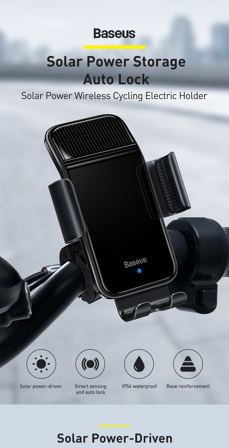 Baseus electric bicycle smartphone holder with built-in solar panel 150mAh black (SUZG010001) Фото №1