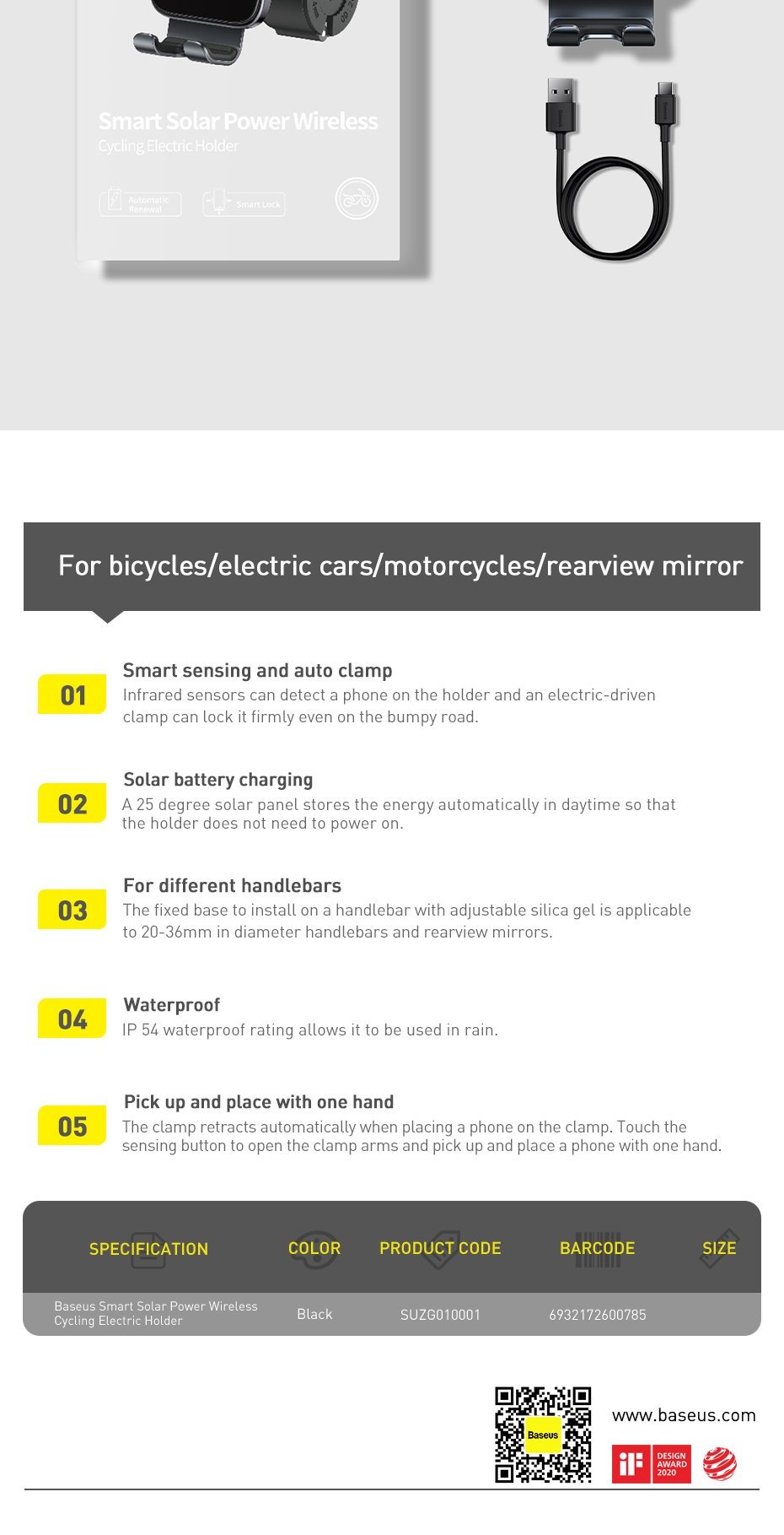 Baseus electric bicycle smartphone holder with built-in solar panel 150mAh black (SUZG010001) Фото №16