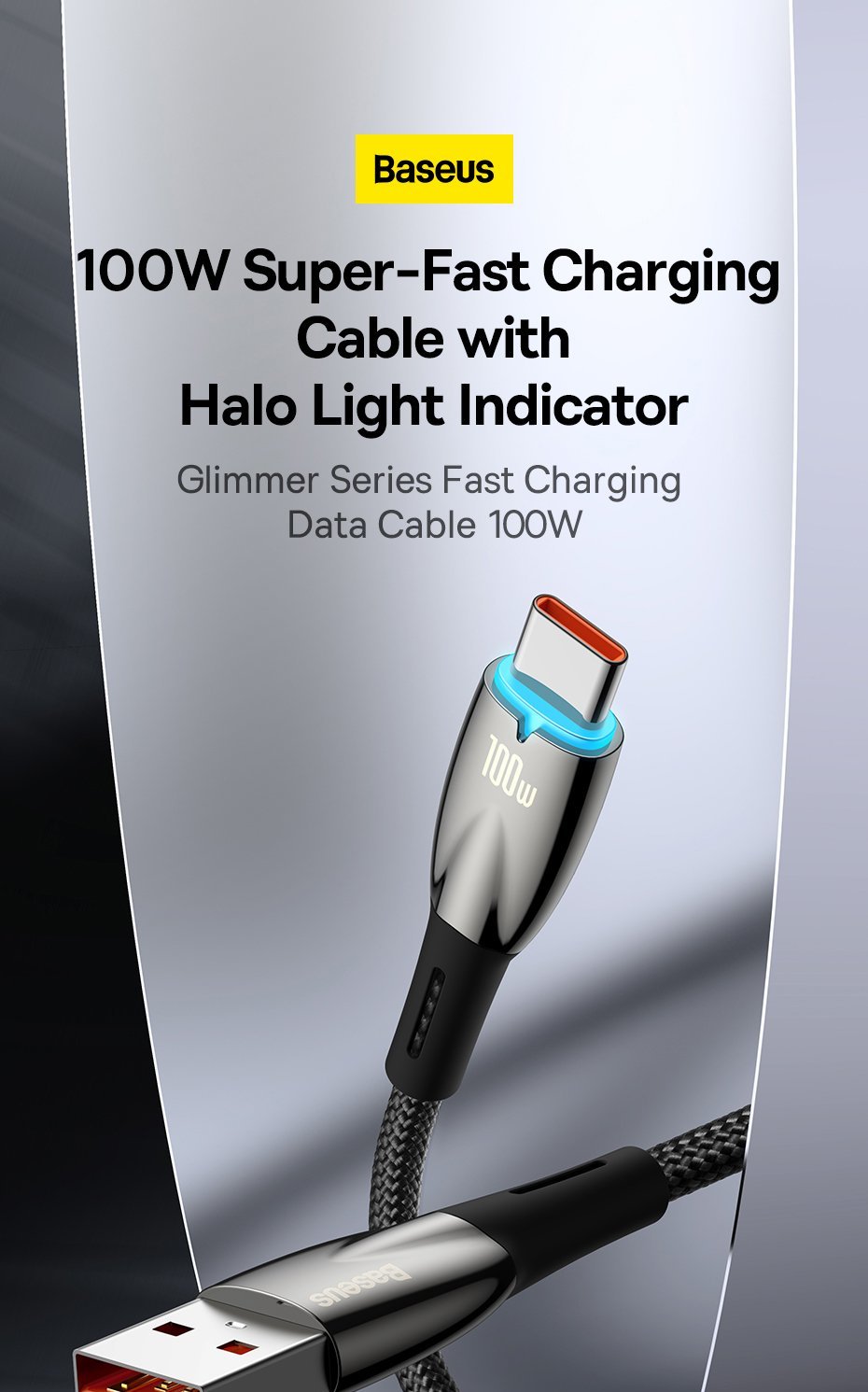 Baseus Glimmer Series fast charging cable USB-A - USB-C 100W 480Mbps Фото №1