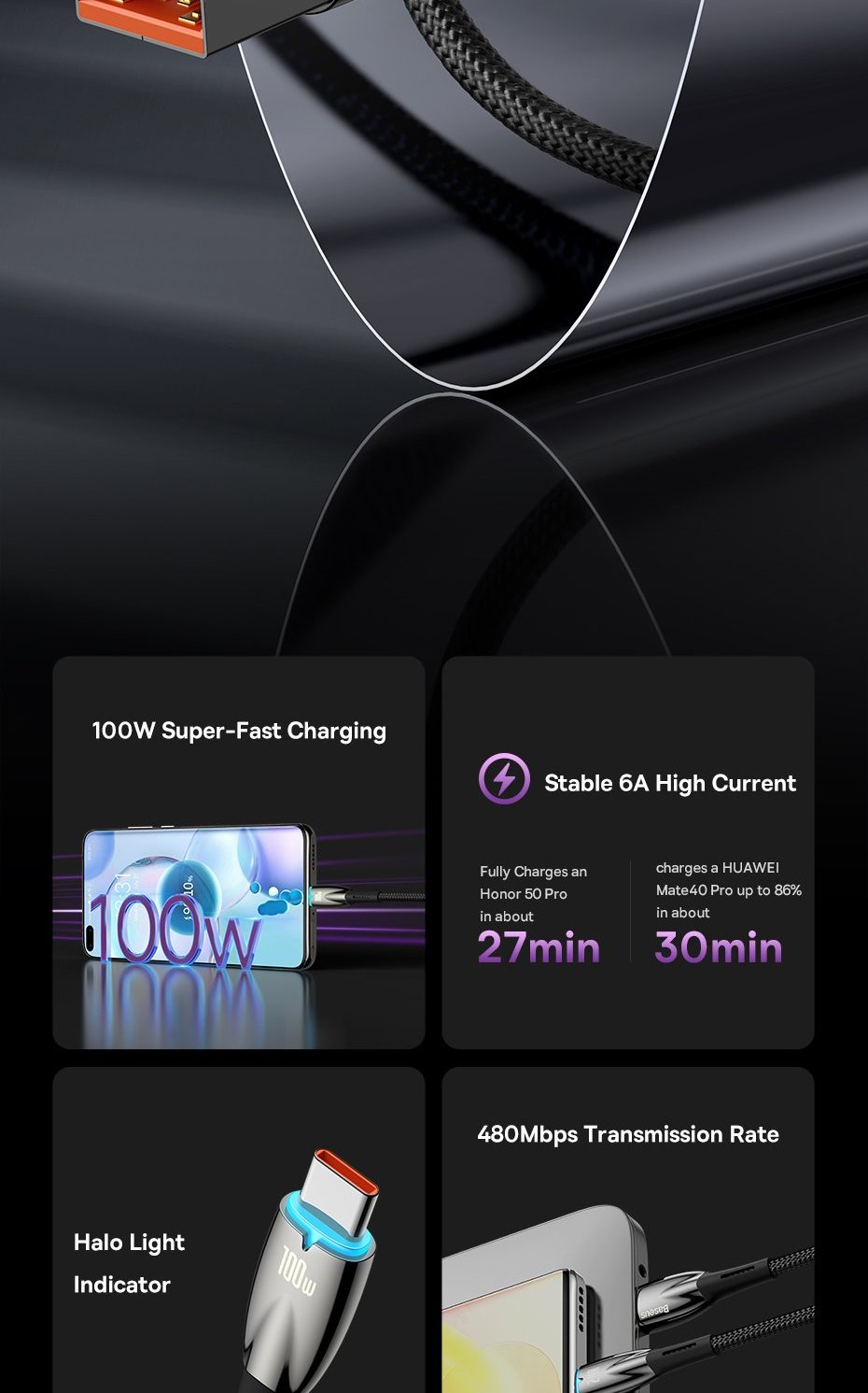 Baseus Glimmer Series fast charging cable USB-A - USB-C 100W 480Mbps Фото №2