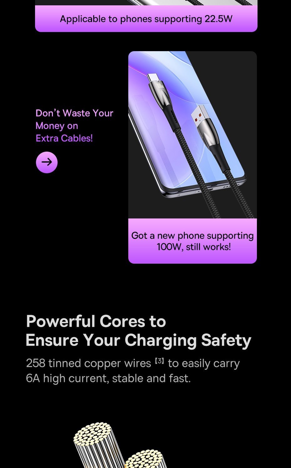 Baseus Glimmer Series fast charging cable USB-A - USB-C 100W 480Mbps Фото №7