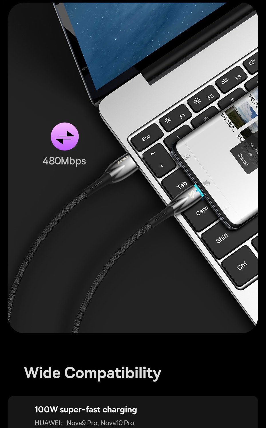 Baseus Glimmer Series fast charging cable USB-A - USB-C 100W 480Mbps Фото №14