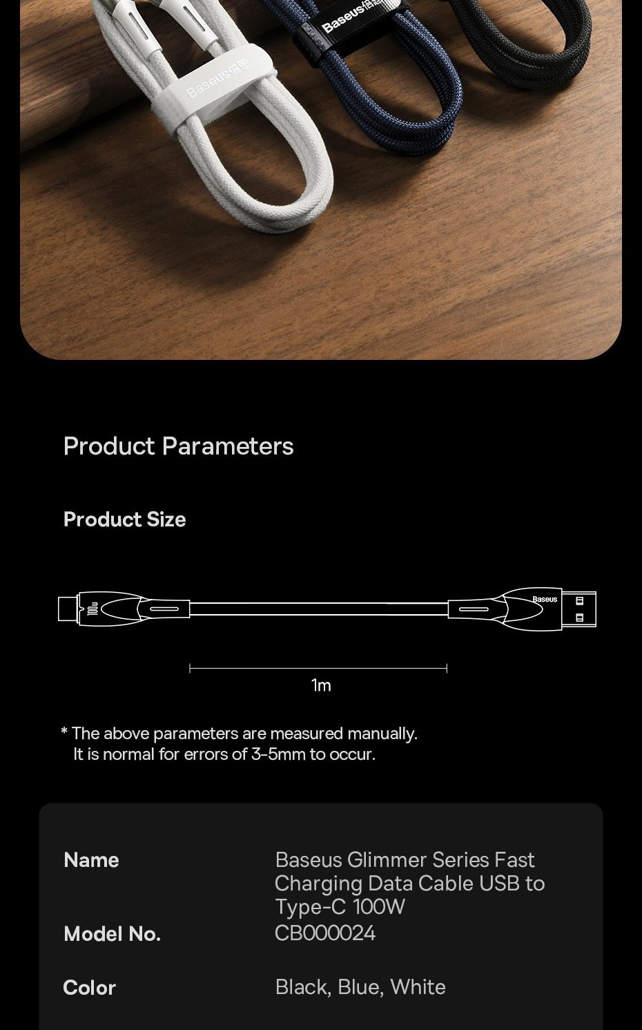 Baseus Glimmer Series fast charging cable USB-A - USB-C 100W 480Mbps Фото №16