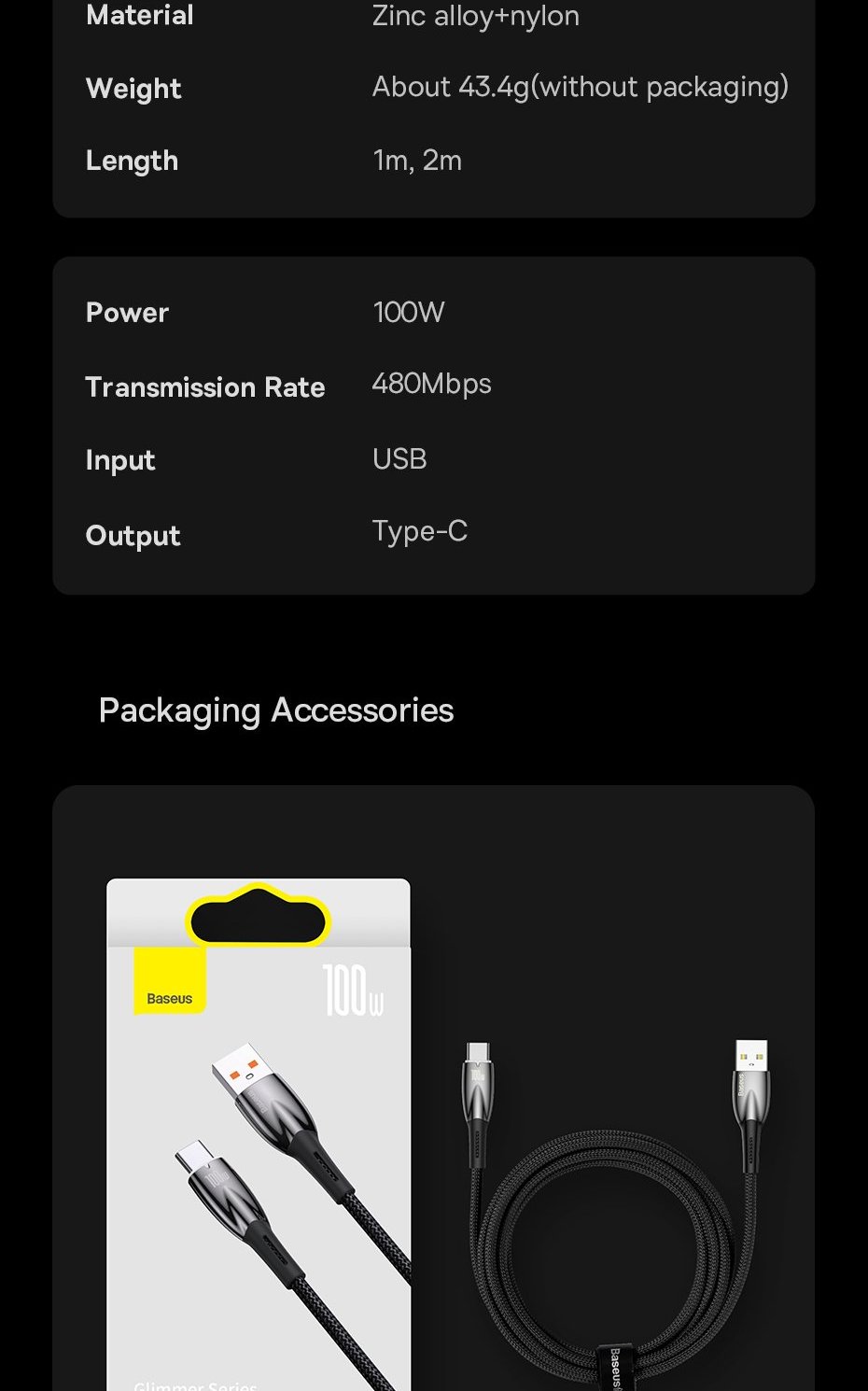 Baseus Glimmer Series fast charging cable USB-A - USB-C 100W 480Mbps Фото №17