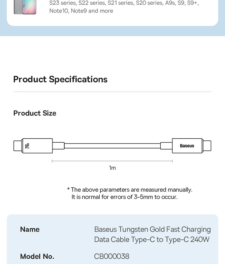 Baseus Tungsten Gold Fast Charging Data Cable USB-C to USB-C 240W Фото №13