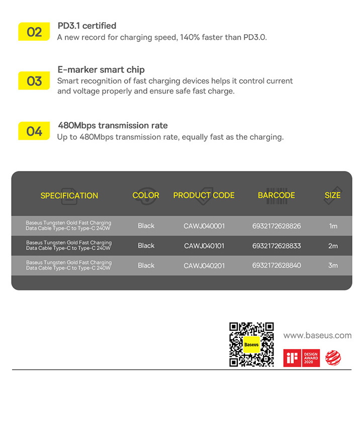 Baseus Tungsten Gold Fast Charging Data Cable USB-C to USB-C 240W Фото №16