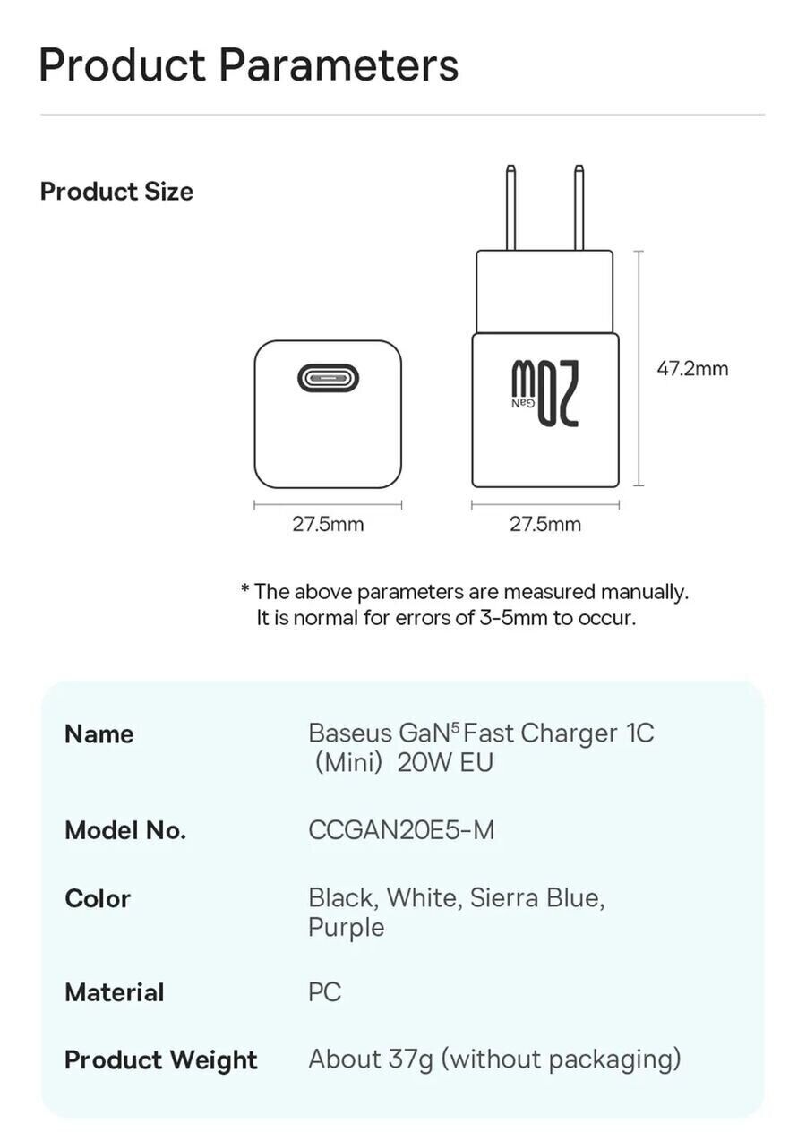 Wall Charger Baseus GaN5 1C 20W (CCGN050102) Фото №15