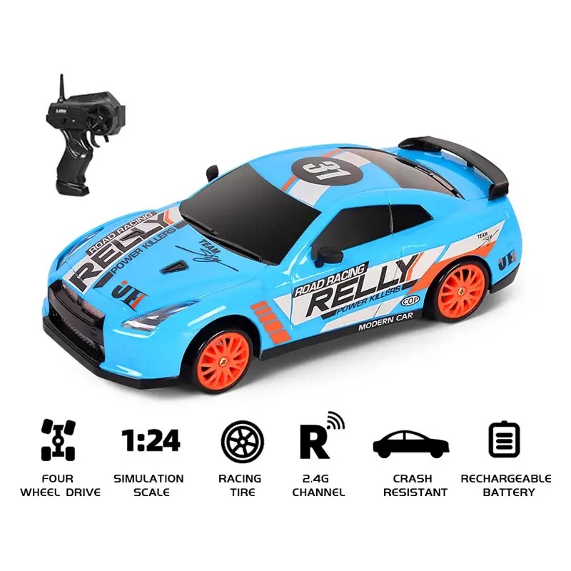 Blue Remote Control Car RC Drift Car 1:24 Scale Rally Series Nissan GT-R 4WD Фото №3
