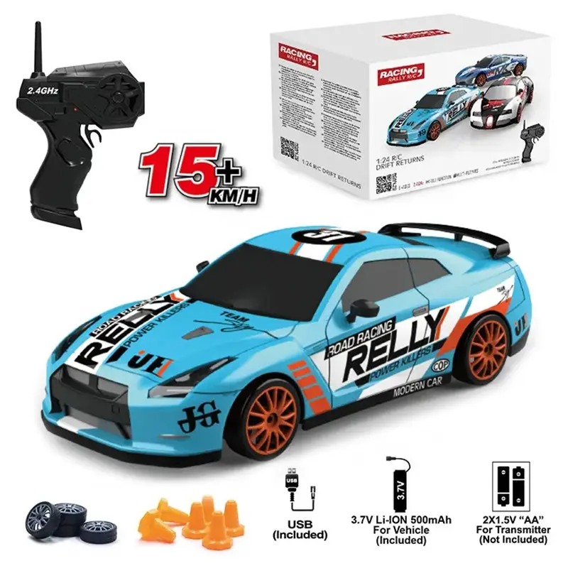 Blue Remote Control Car RC Drift Car 1:24 Scale Rally Series Nissan GT-R 4WD Фото №1