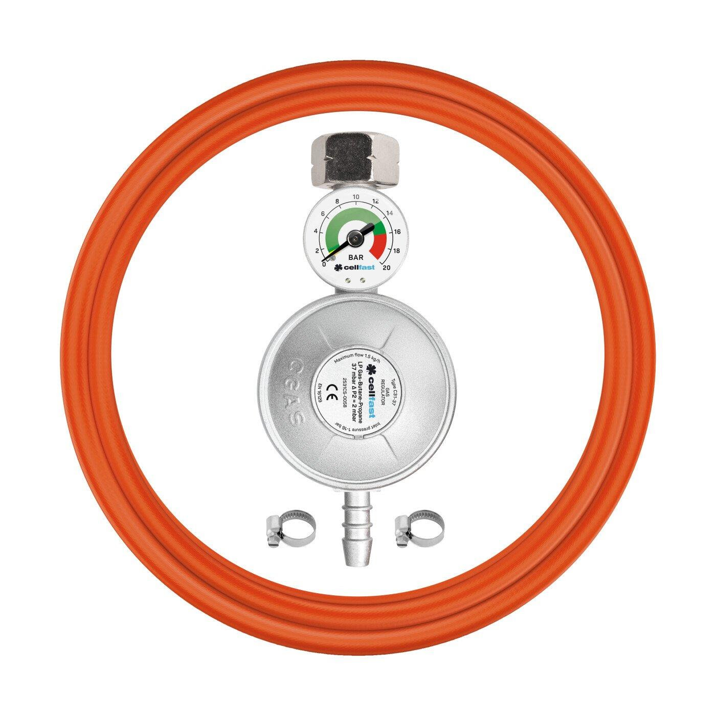 Комплект Cellfast подключения газового баллона с вентилем KLF, евро стандарт (редуктор KLF G12 с манометром 1шт, шланг 2м 1шт, хомут 2шт)