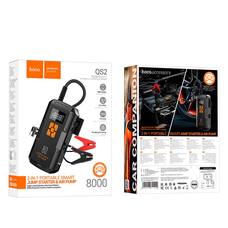 Бустер+Насос для авто HOCO QS2 Land Jump Starter Smart Air Pump Emergency 8000mAh 800A Black/Orange Фото №5