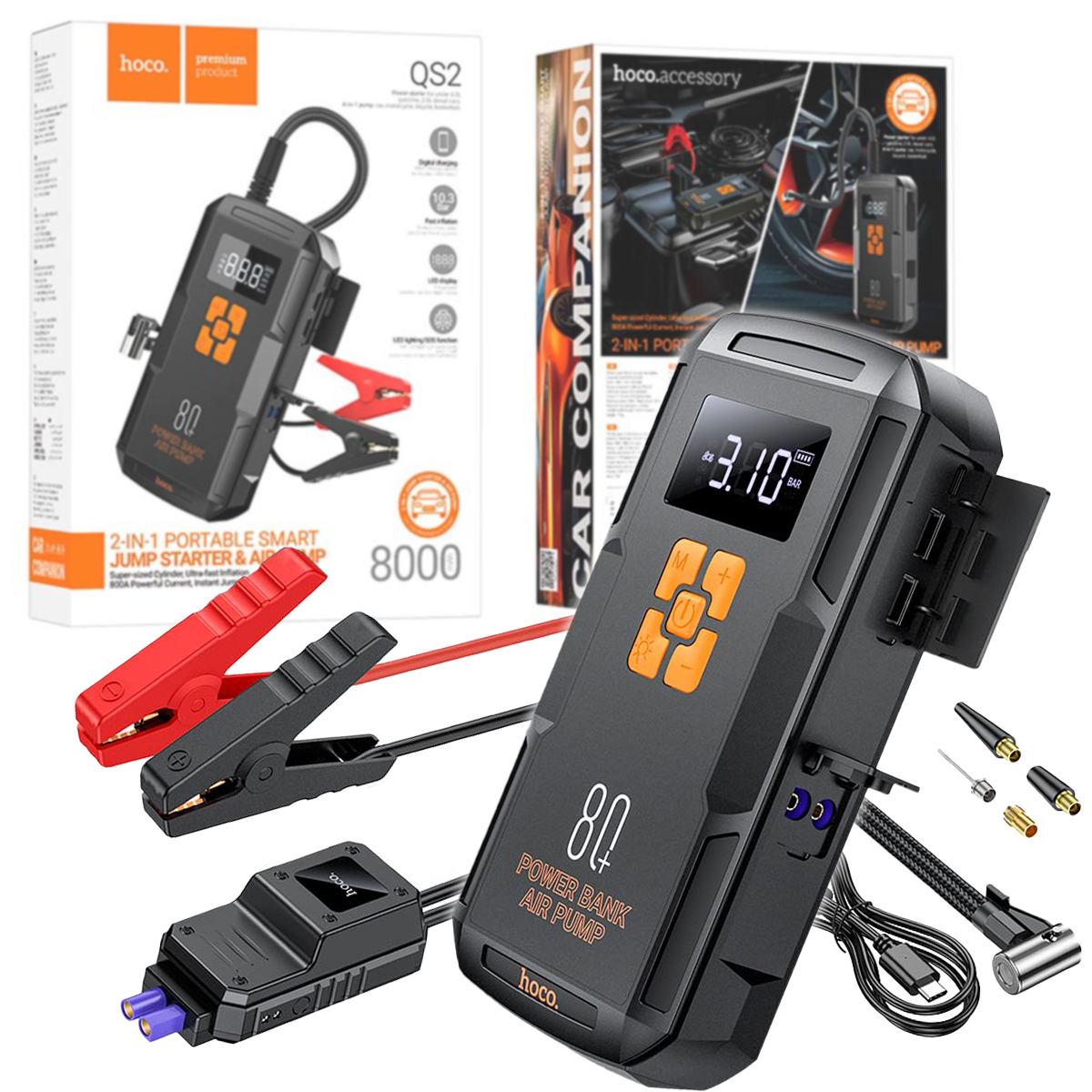 Бустер+Насос для авто HOCO QS2 Land Jump Starter Smart Air Pump Emergency 8000mAh 800A Black/Orange Изображение #10 Бустер+Насос для авто HOCO QS2 Land Jump Starter Smart Air Pump Emergency 8000mAh 800A Black/Orange Фото №10