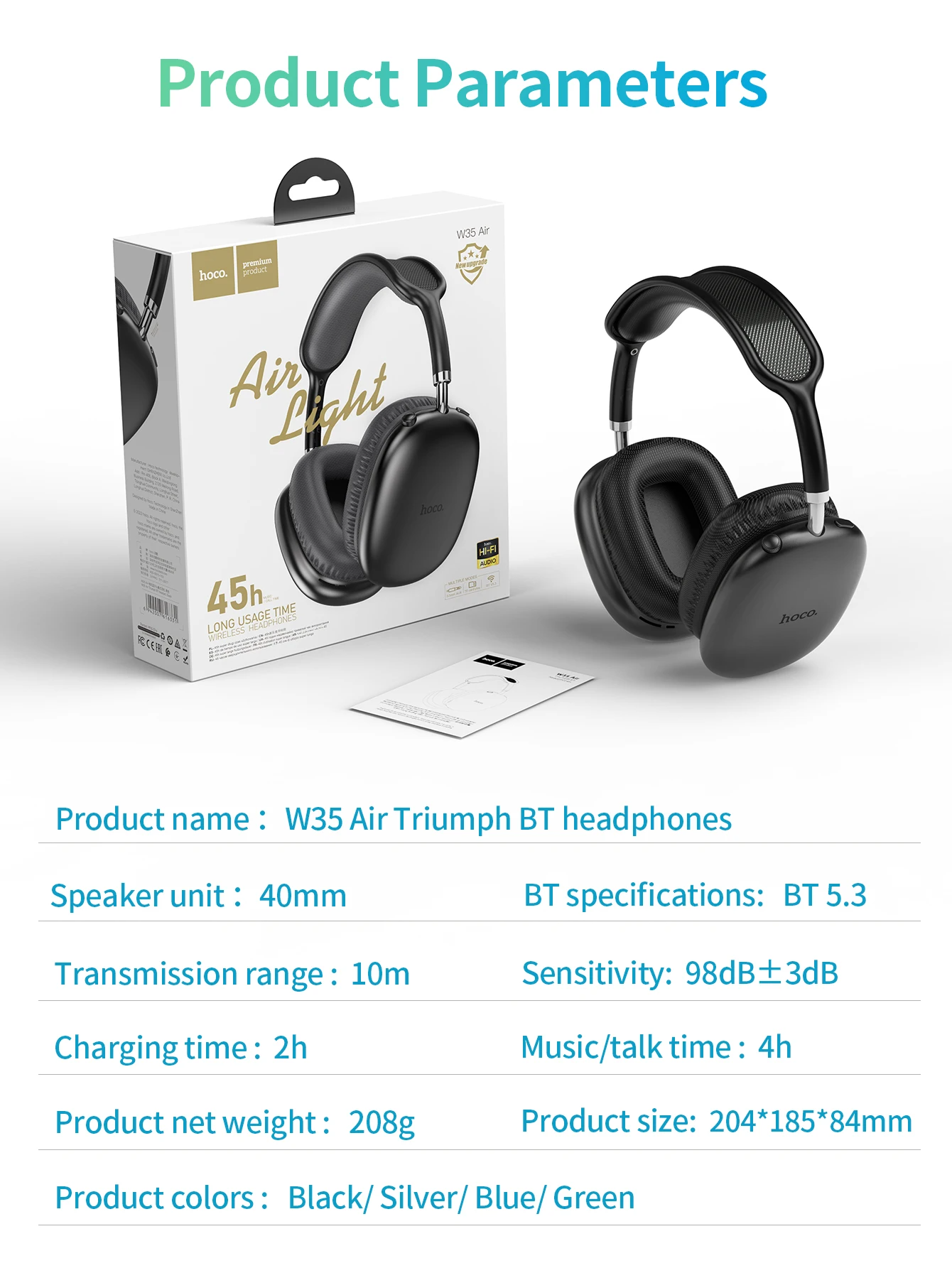 Hoco W35 Air Triumph 45h Wireless BT Built-in MP3 Headphone Фото №8