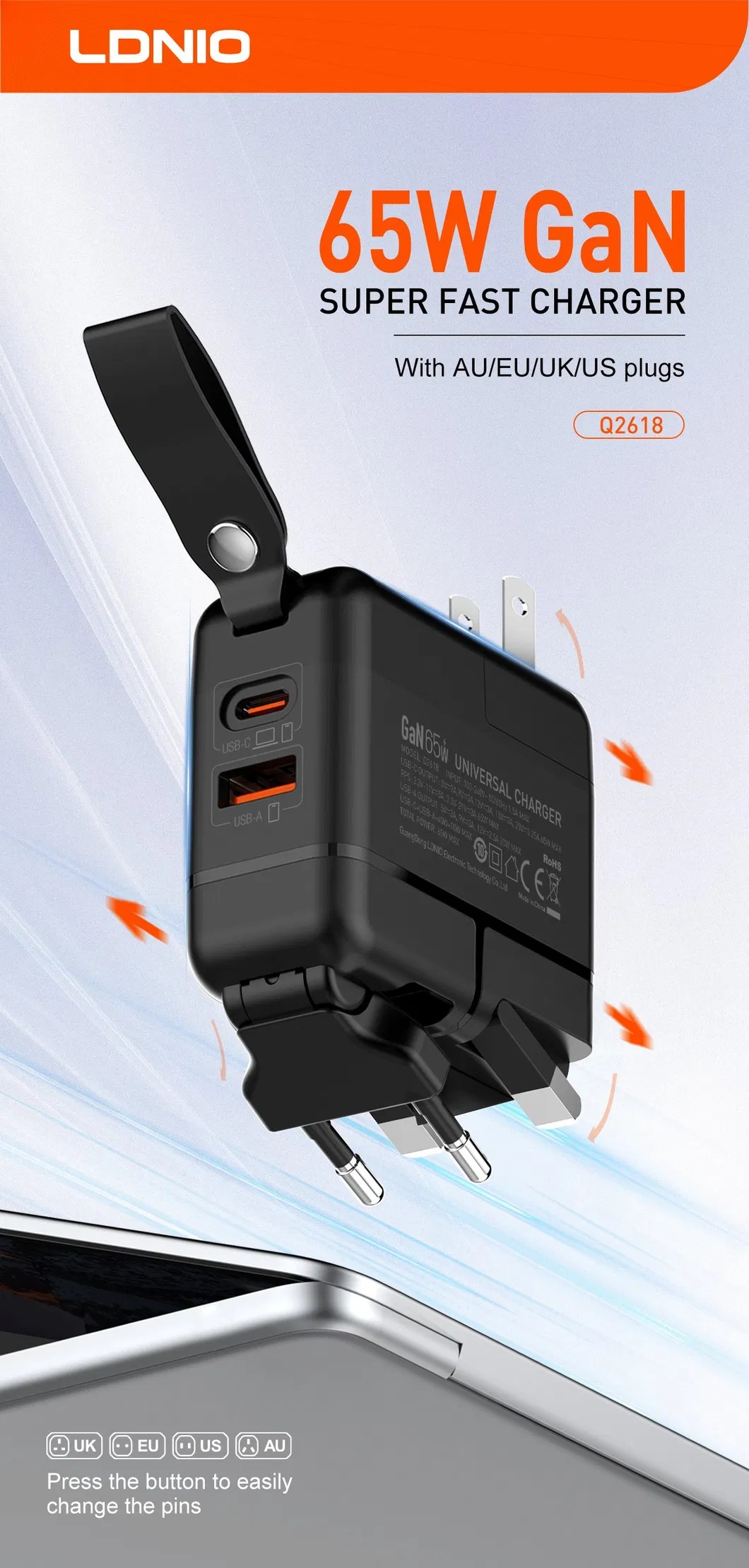 Дорожній Зарядний пристрій Travel Adapter LDNIO Q2618 Pd GaN 65 W USB Type-C | USB + Type-C PD3 | EU/UK/US/AU Plug Фото №1