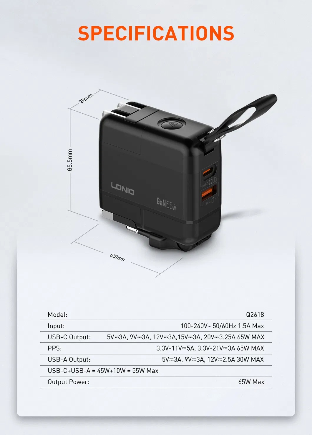 Дорожній Зарядний пристрій Travel Adapter LDNIO Q2618 Pd GaN 65 W USB Type-C | USB + Type-C PD3 | EU/UK/US/AU Plug Фото №3