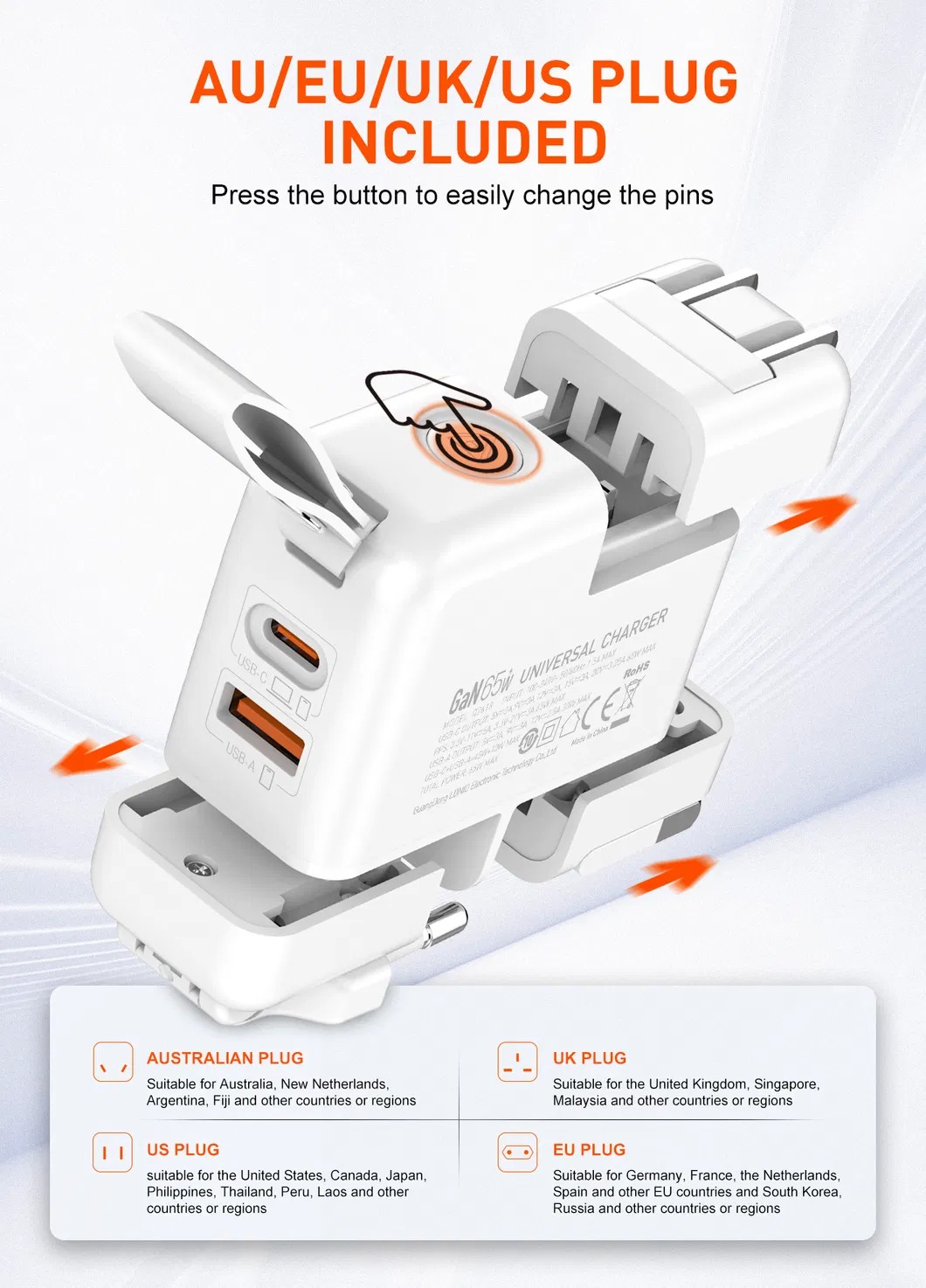 Дорожній Зарядний пристрій Travel Adapter LDNIO Q2618 Pd GaN 65 W USB Type-C | USB + Type-C PD3 | EU/UK/US/AU Plug Фото №5