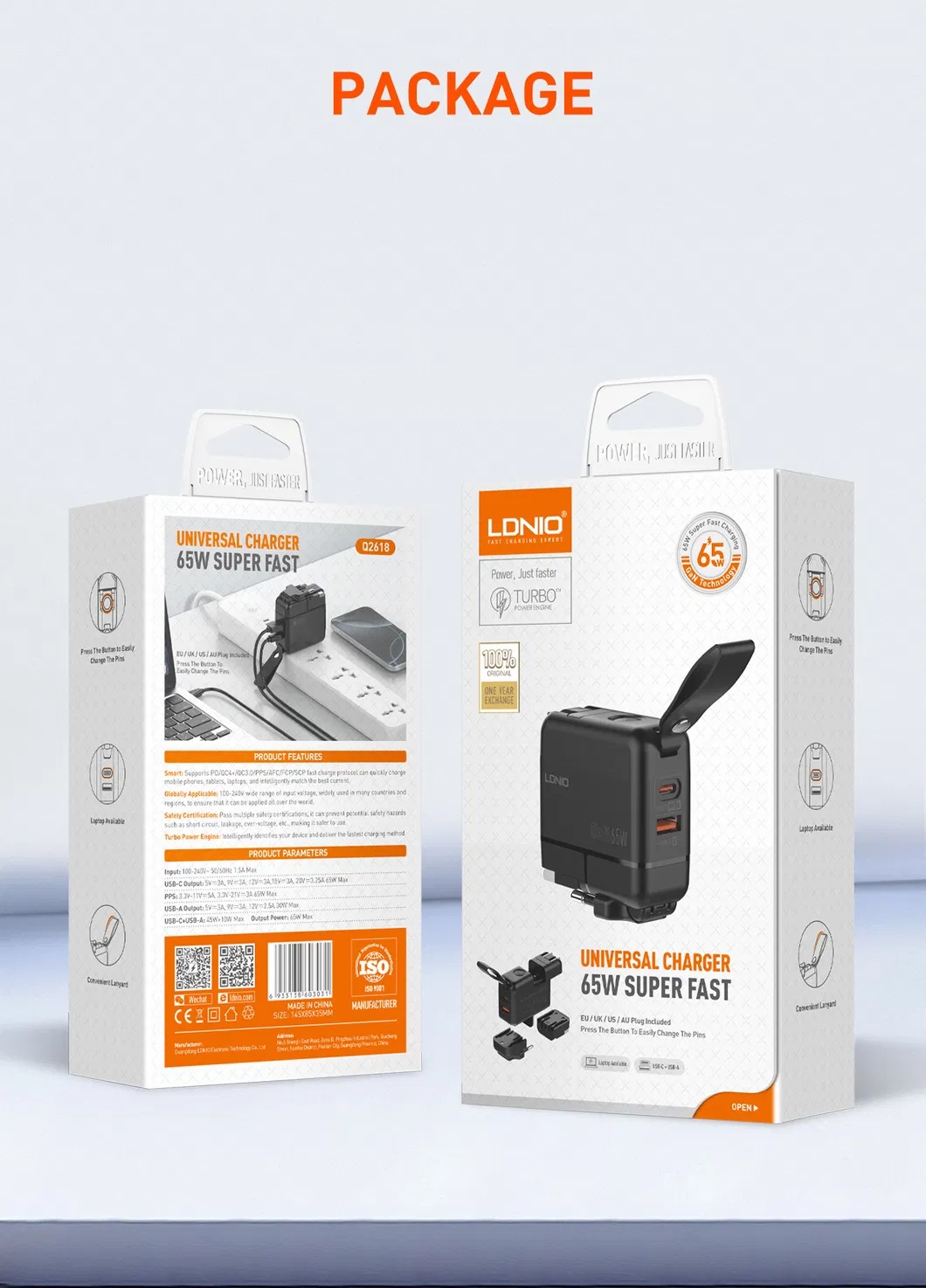 Дорожній Зарядний пристрій Travel Adapter LDNIO Q2618 Pd GaN 65 W USB Type-C | USB + Type-C PD3 | EU/UK/US/AU Plug Фото №7