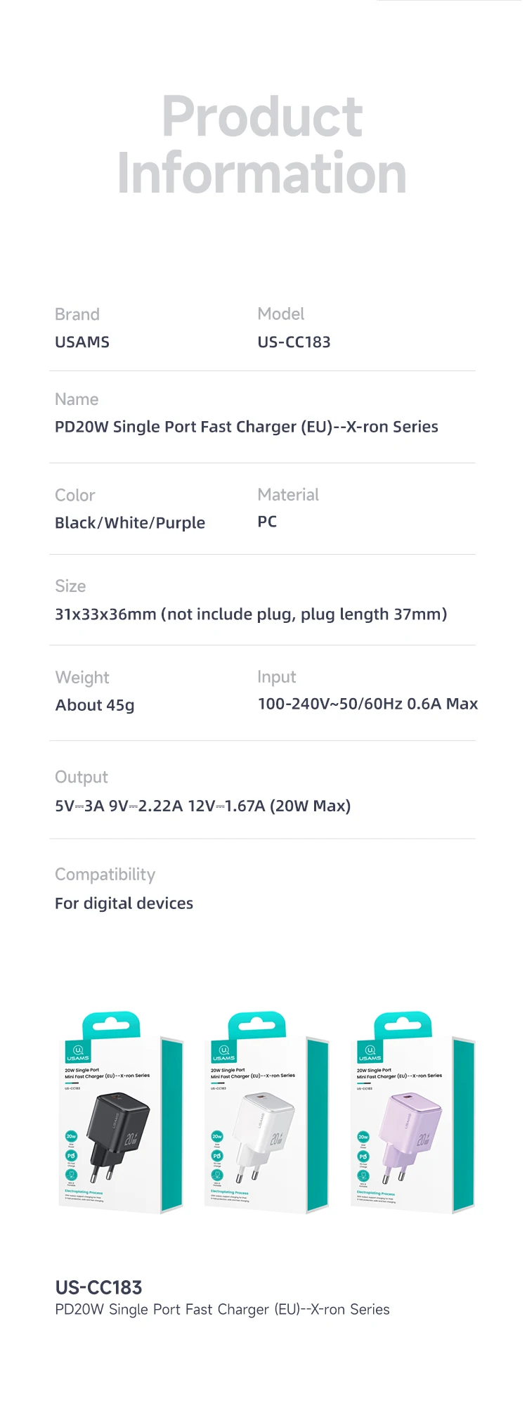 Usams US-CC183 Wall Charger Single USB Type-C PD20W Фото №7