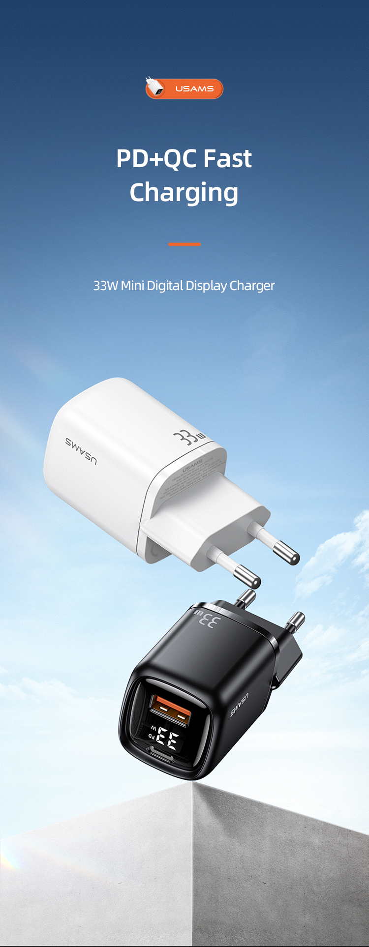 Usams T46 PD+QC Digital Display Fast Charger 1xType-C