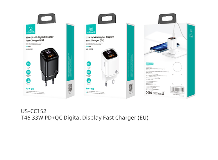 Usams T46 PD+QC Digital Display Fast Charger 1xType-C 1xUSB White Сетевой Белый Универсальное Зарядное устройство