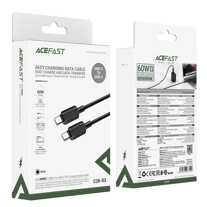 Кабель ACEFAST USB-C to USB-C PVC charging data cable C26-03 |1.2m, 60W/3A| black (6974316287100) Черный на картинке №3