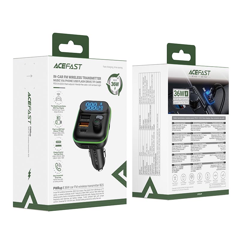 Адаптер автомобильный ACEFAST car FM wireless transmitter MP3 player B25 |1Type-C/2USB, 36W, PD/QC/PPS, BT5.4/TF/USB/FM| black (6974316287704) Черный на картинке №3