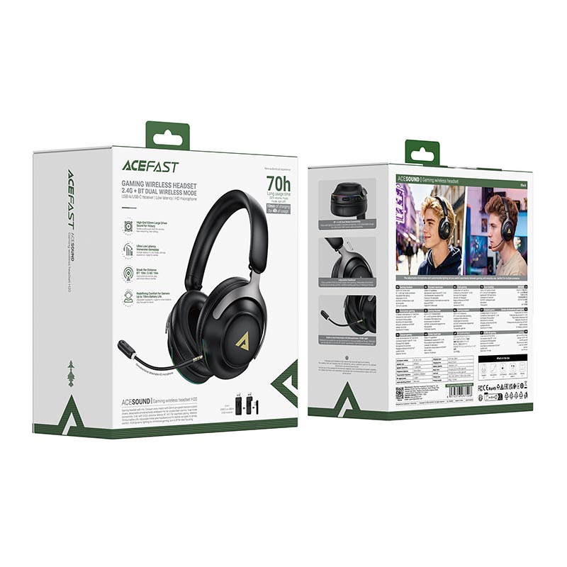 Ігрові навушники ACEFAST gaming wireless headset H20 IPX4 |BT6.0/2.4G, 70h, 1000mAh, RGB| black (6974316287506) Чорний на малюнкі №3