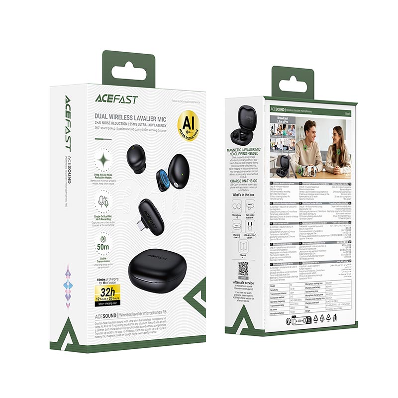 Микрофон ACEFAST wireless lavalier microphone R5 |Type-C, 2mic, AI noise reduction, 6/32h, 50m, 70/400mAh| black (6974316287407) Черный на картинке №3