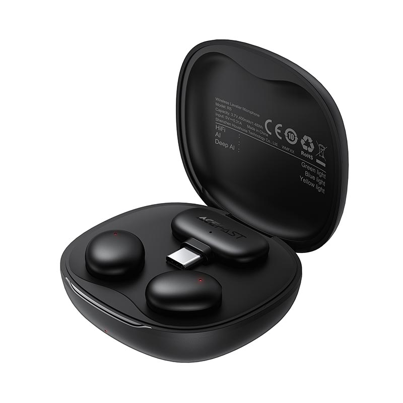 Микрофон ACEFAST wireless lavalier microphone R5 |Type-C, 2mic, AI noise reduction, 6/32h, 50m, 70/400mAh| black (6974316287407) Черный на картинке №4