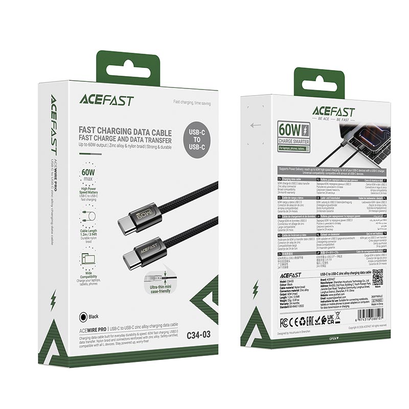 Кабель ACEFAST USB-C to USB-C zinc alloy charging data cable C34-03 |1.2m, 60W/3A| black (6974316288107) Черный на картинке №3