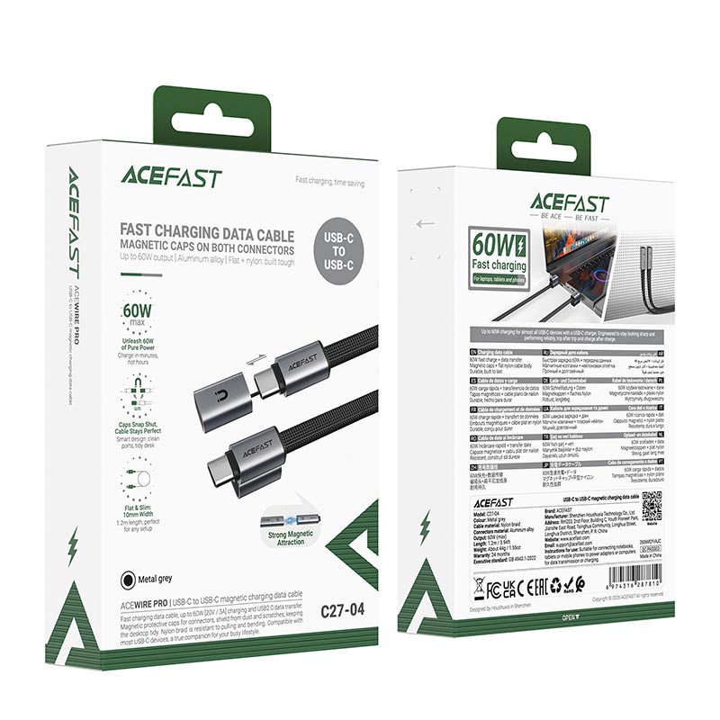 Кабель ACEFAST USB-C to USB-C magnetic charging data cable C27-04 |1.2m, 60W/3A| black (6974316287810) Черный на картинке №3