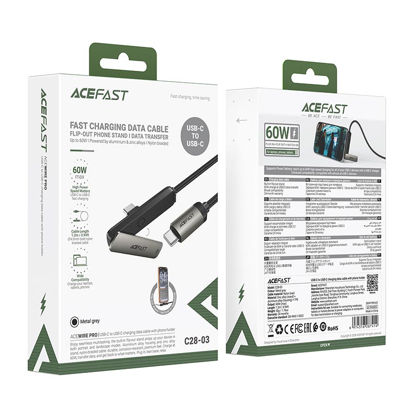 Кабель ACEFAST USB-C to USB-C charging data cable with phone holder C28-03 |1.2m, 60W/3A| metal-grey (6974316287414) Серый на картинке №3