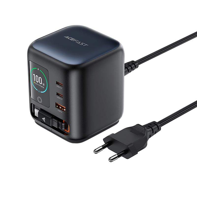 Адаптер сетевой ACEFAST GaN desktop charger with telescopic cable and smart TFT display Z10 |1USB/2Type-C,100W/3A, PD/QC| black (6974316286516) Черный на картинке №1