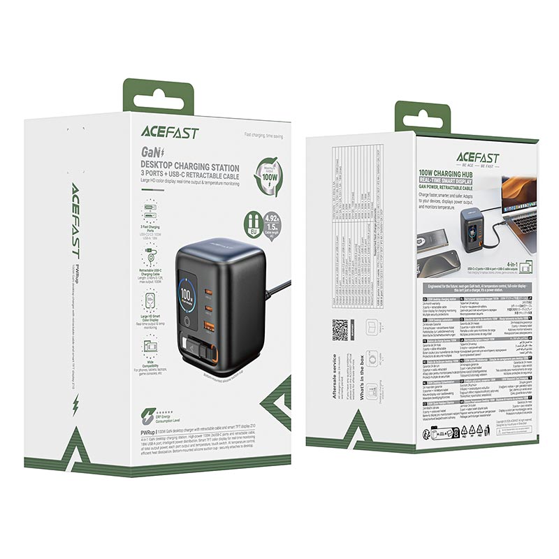 Адаптер сетевой ACEFAST GaN desktop charger with telescopic cable and smart TFT display Z10 |1USB/2Type-C,100W/3A, PD/QC| black (6974316286516) Черный на картинке №3