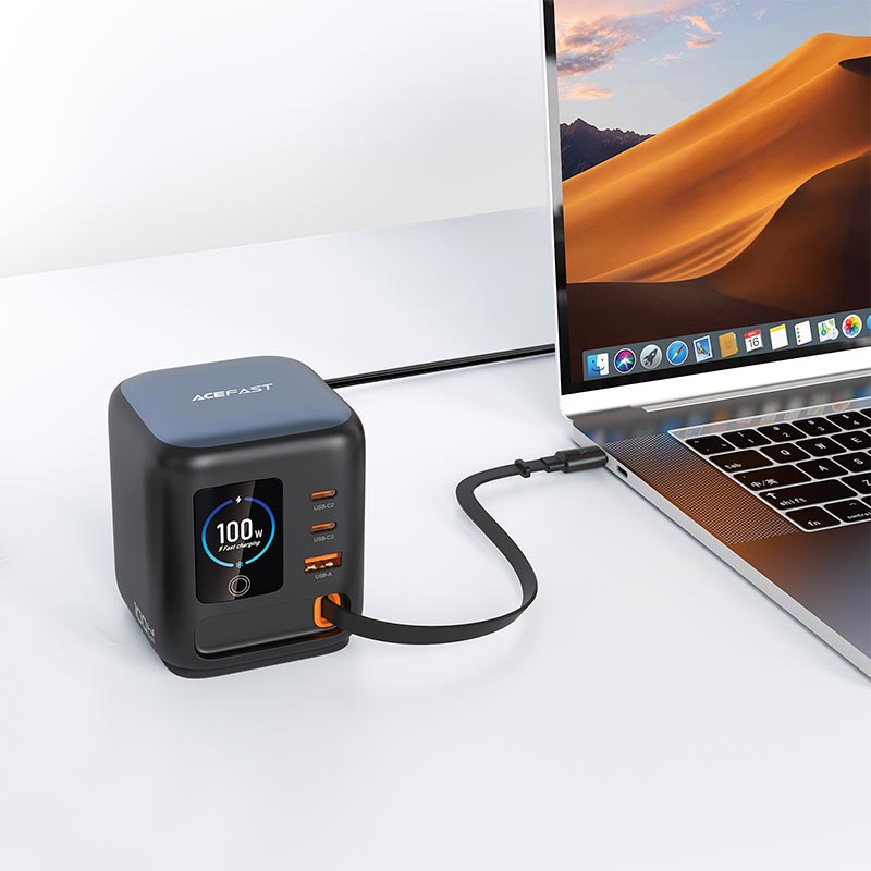 Адаптер сетевой ACEFAST GaN desktop charger with telescopic cable and smart TFT display Z10 |1USB/2Type-C,100W/3A, PD/QC| black (6974316286516) Черный на картинке №8