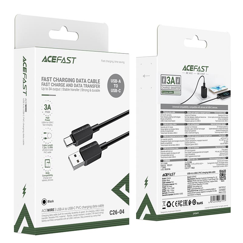 Кабель ACEFAST USB-A to USB-C PVC charging data cable C26-04 |1.2m, 3A| black (6974316287117) Черный на картинке №3