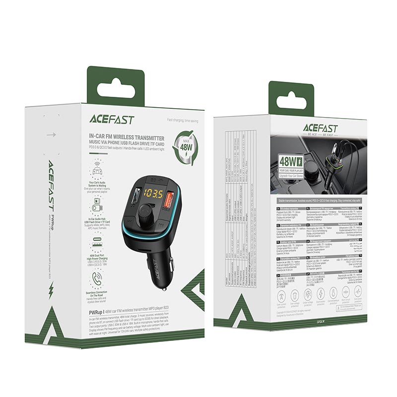Адаптер автомобильный ACEFAST car FM wireless transmitter MP3 player B23 |1Type-C/2USB, 48W, PD3.0/QC3.0| black (6974316287421) Черный на картинке №3