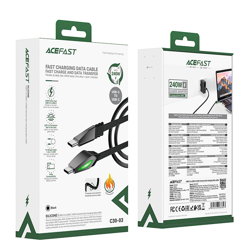 Кабель ACEFAST USB-C to USB-C silicone fast charging data cable C30-03 |1.6m, 240W, LED| black (6974316287827) Черный на картинке №3