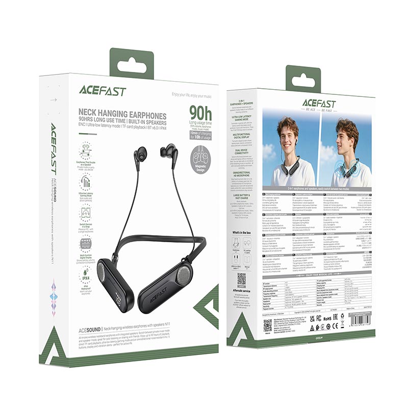Навушники ACEFAST neck-hanging wireless earphones with speakers N11 IPX4 |BT6.0/TF, 90h earphones/30h speakers, 900mAh| black (6974316287728) Чорний на малюнкі №3