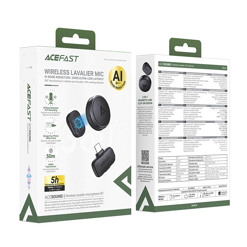 Микрофон ACEFAST wireless lavalier microphone R7 |Type-C, 1mic, AI noise reduction, 5h, 50m, 50mAh| black (6974316287438) Черный на картинке №3